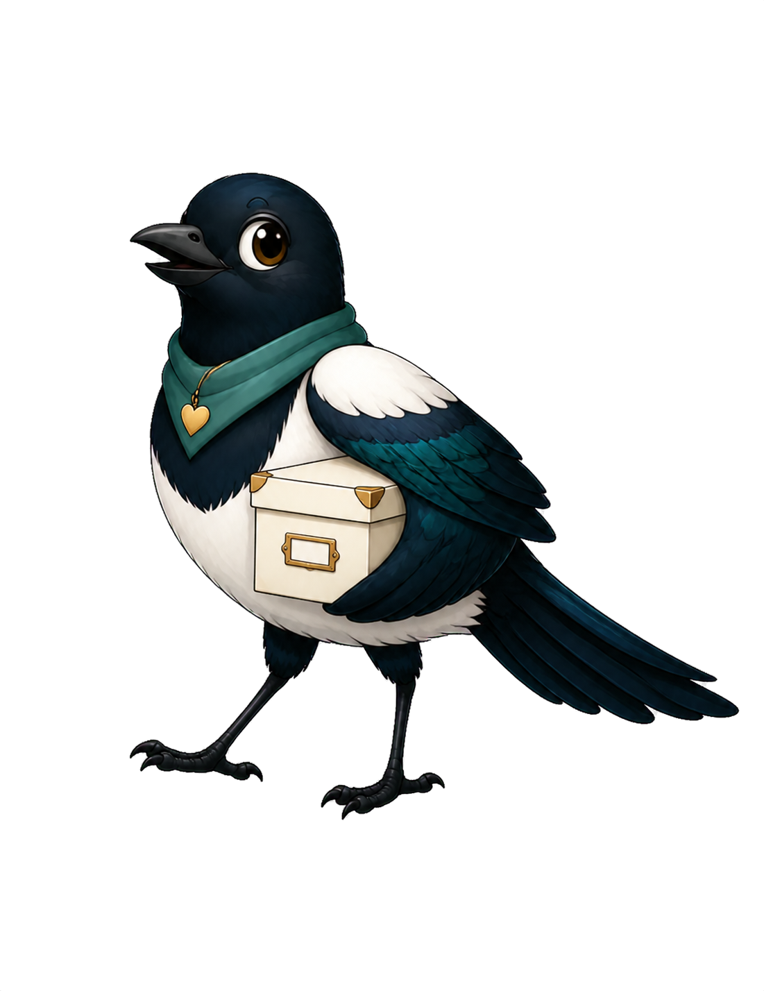 Collette the magpie carrying an archival collection box